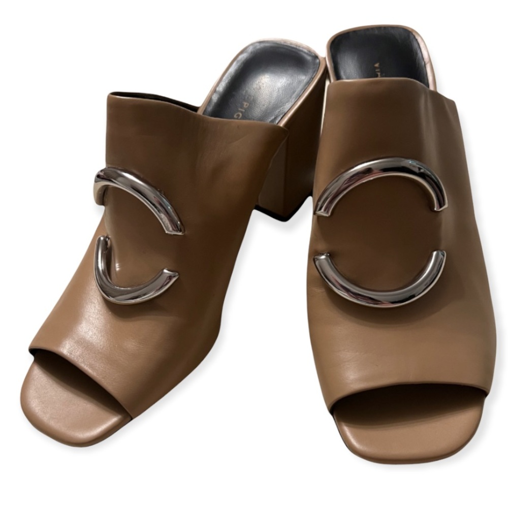 tan colour leather square toe block heel mules VIA SPIAGA